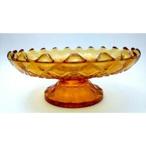 Vtg Fenton Olde Virginia Glass Diamond Fan Amber Pedestal Dish